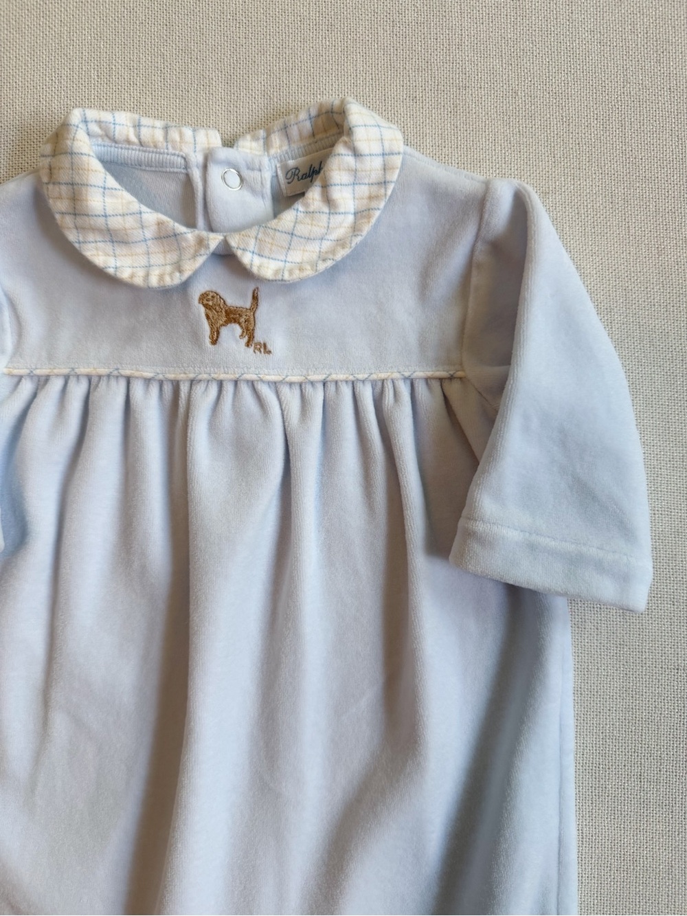 Ralph Lauren Velour Embroidered Dog Plaid Collar Footed Coverall 3M